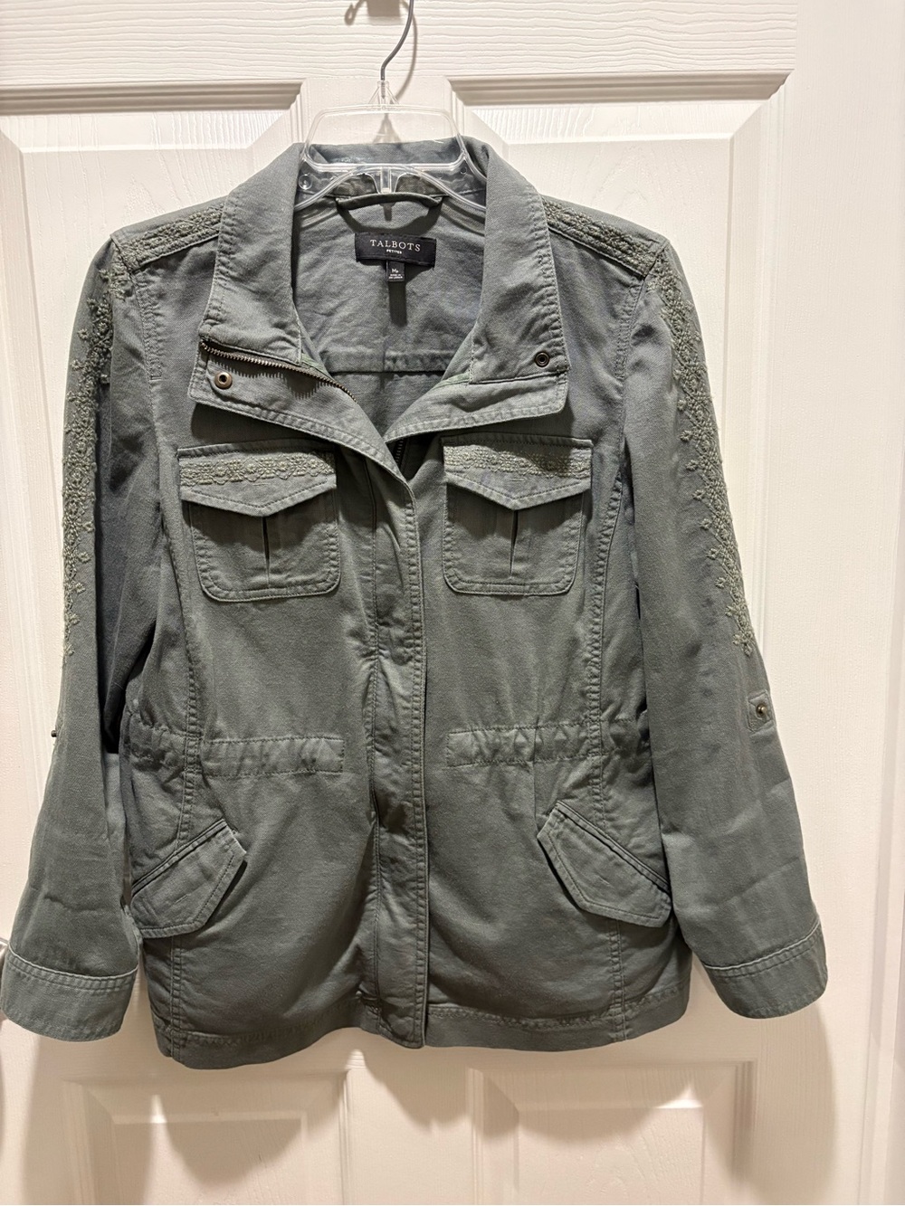 Talbots Green Utility Jacket with Embroidered Sleeves Medium Petite